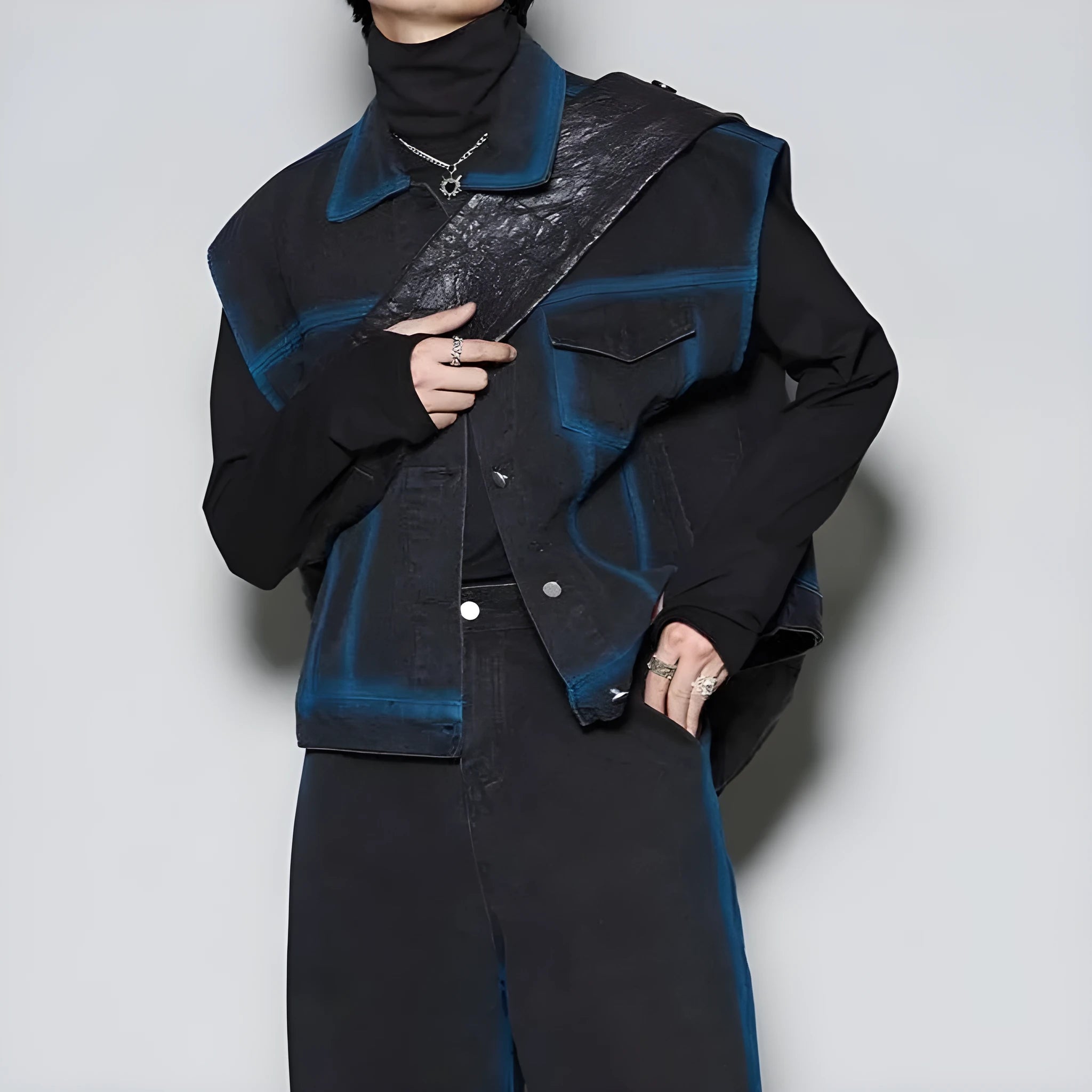 Youth fashion distressed sleeveless vest and jeans two-piece suit set in blue or black colour options