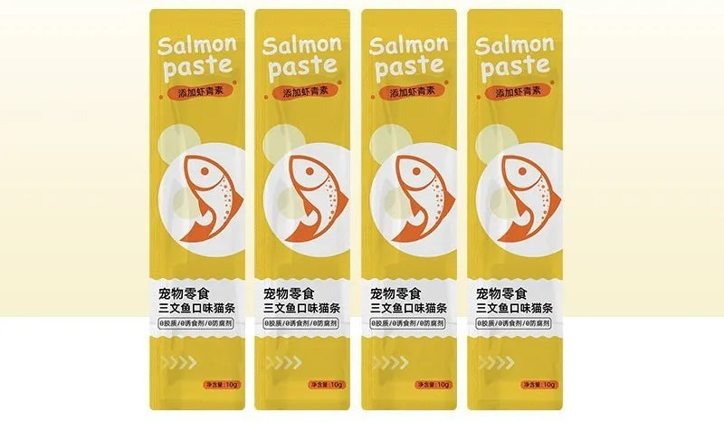 Assortment of cat strip snacks for kittens with four flavour varieties