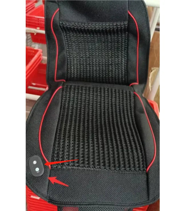 Car ventilation seat cushion measuring 60cm square in black, beige, or coffee colour with power cord