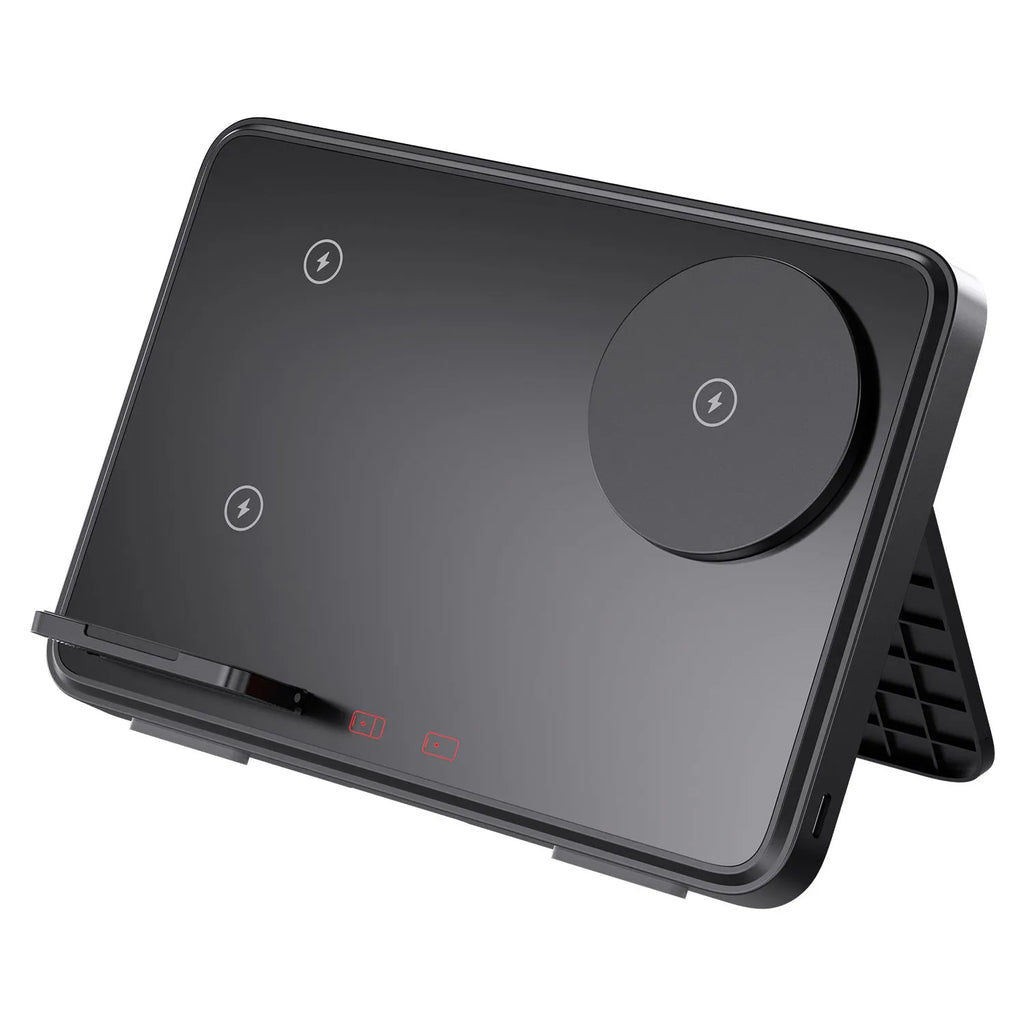 15W three-in-one wireless charger in Black or Ivory White, 184 x 21.5 x 130 mm, for Apple and Samsung devices