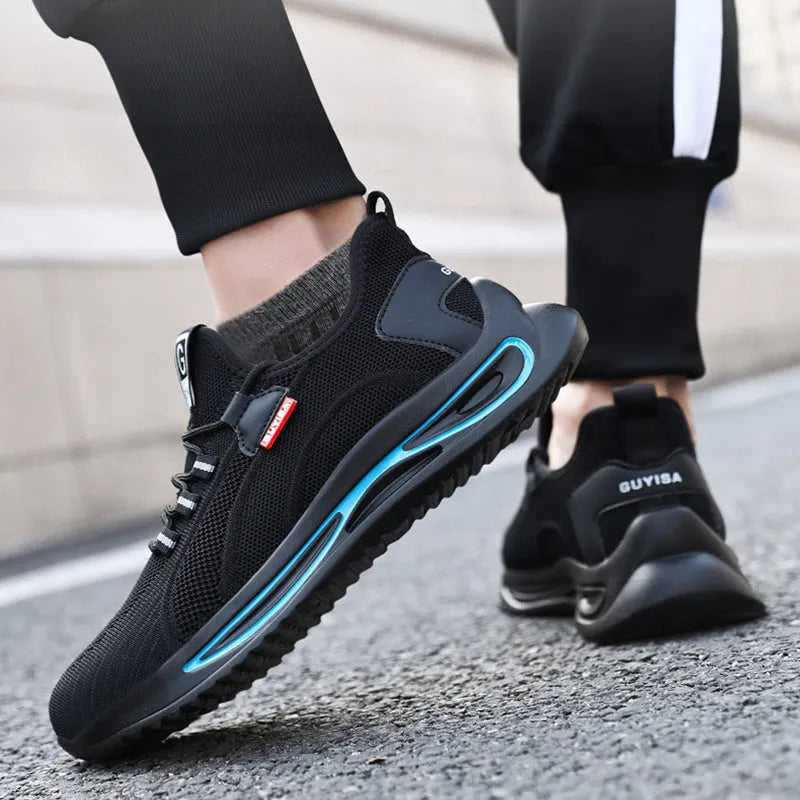 Men steel toe work safety shoes black with blue trim, lace-up low top, fly weave upper and PU sole