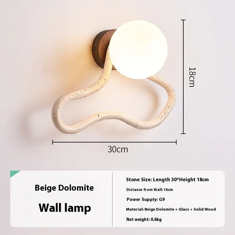 Middle Ancient cream style bedside wall lamp with travertine glass shade and solid wood base