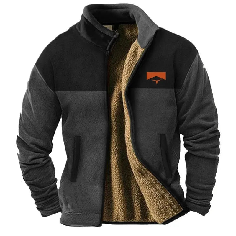 Men's light brown padded polyester coat on a hanger, showing regular 50cm length.