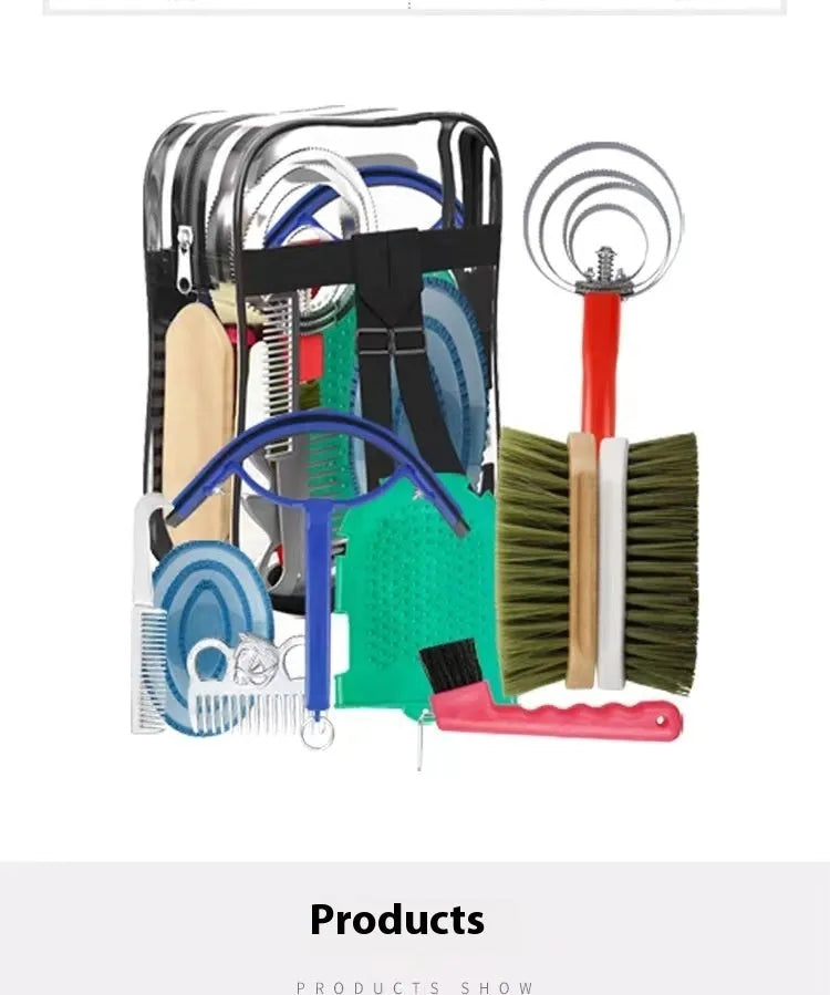 Complete 10-piece horse grooming kit showing brushes, combs, water scraper and storage bag