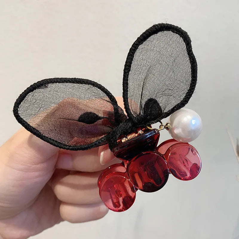 Polka dot lace rabbit ears hair clip with pearl hairpin in four colours: coffee, grey, red, yellow
