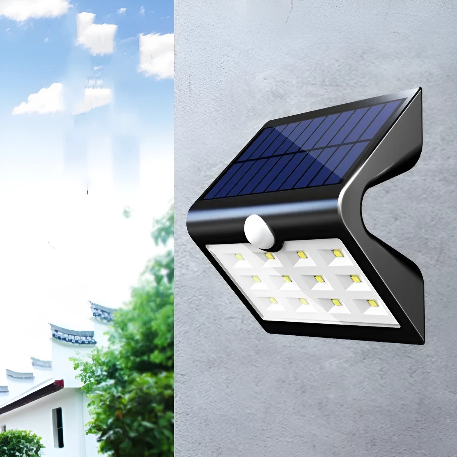 Solar outdoor wall light with waterproof housing and integrated solar panel for garden security illumination