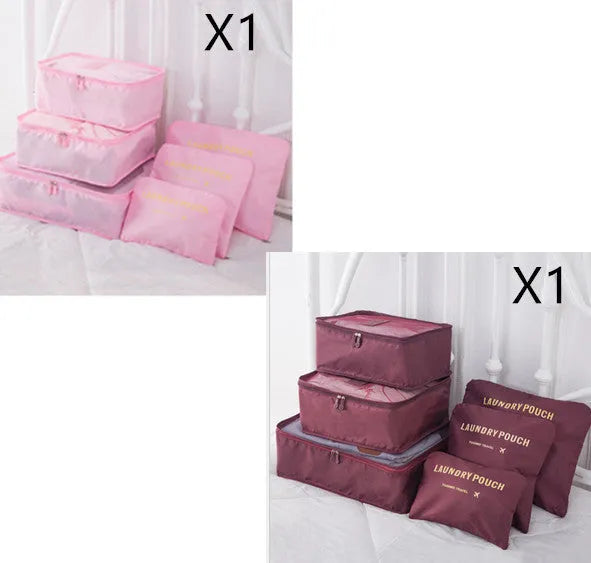 6 PCS travel storage bag set in polyester with handbag shape, multiple colour options for clothes and cosmetic organisation