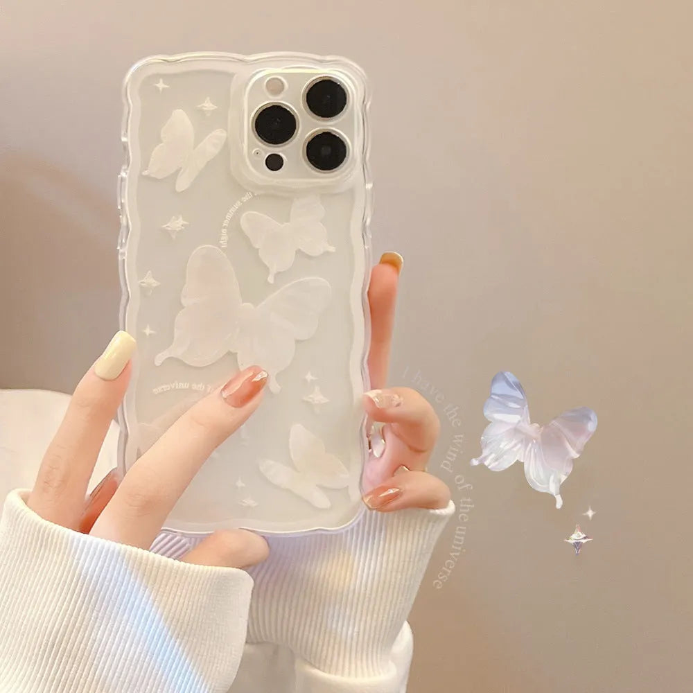 Transparent white crystal butterfly TPU phone case for iPhone 12 to 15 models, painted design