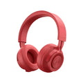Red sports Bluetooth headset showing power display, for calls and music with 18-hour battery.