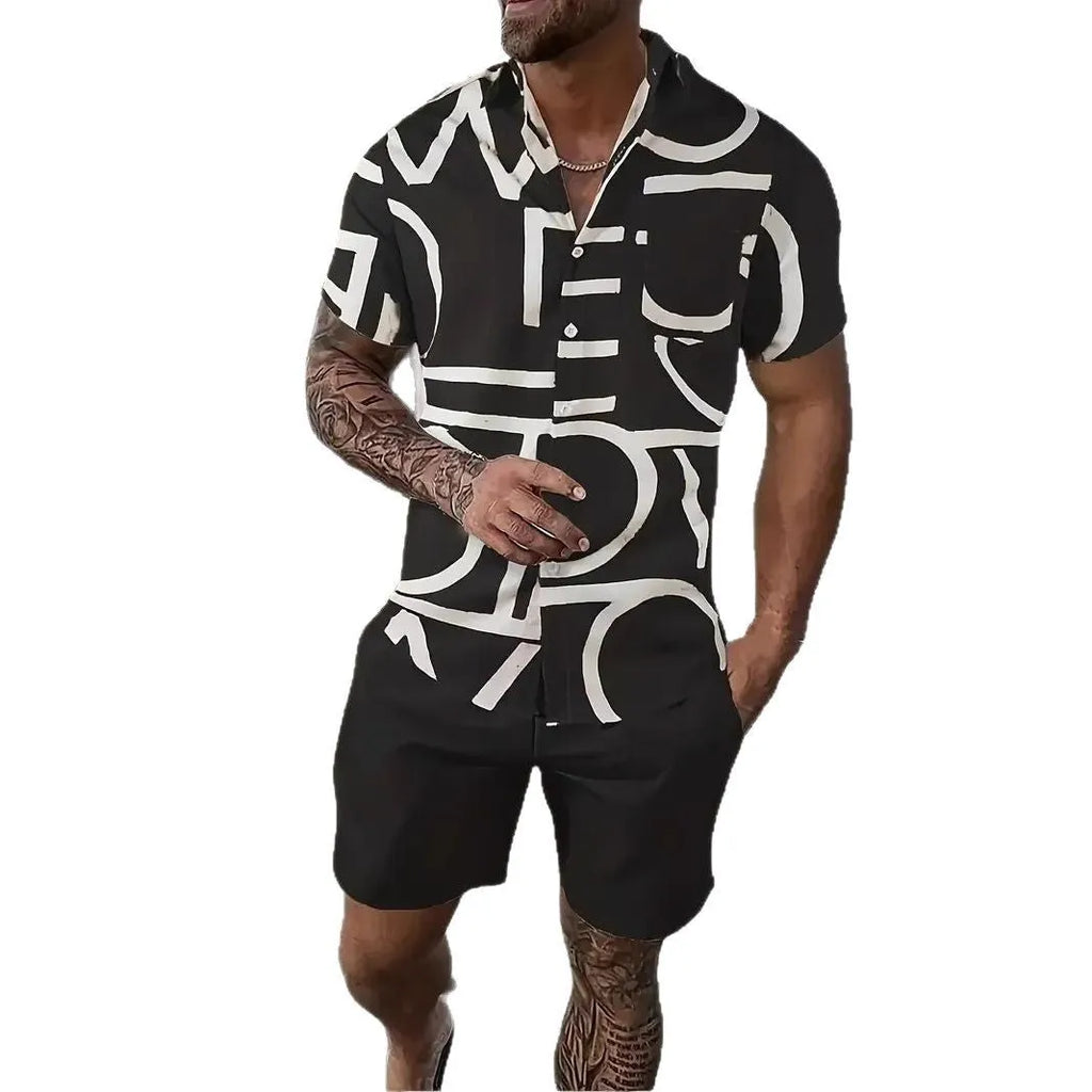 Men's Hawaii-themed short sleeve suit set with printed top and matching shorts on a hanger