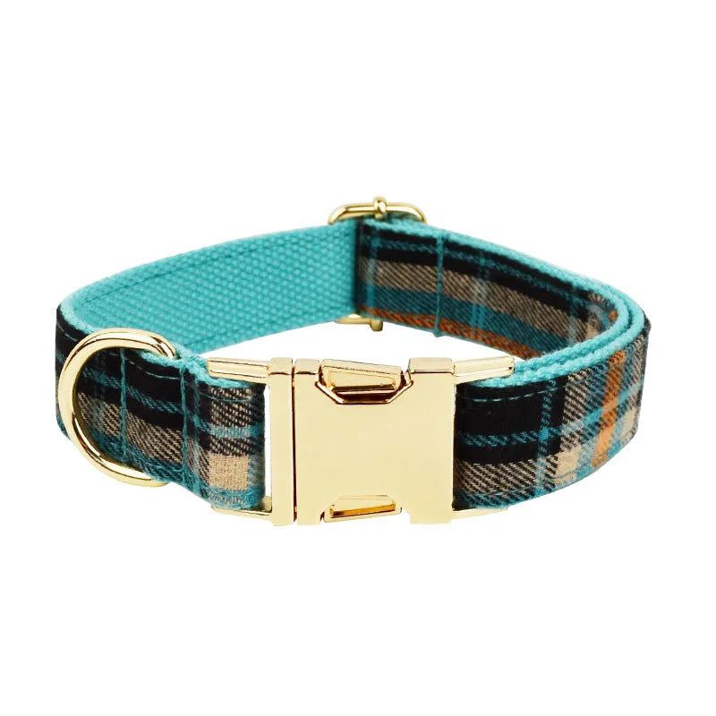 Retro green four-piece dog set showing collar, leash, vest, and decorative bow on a white background.
