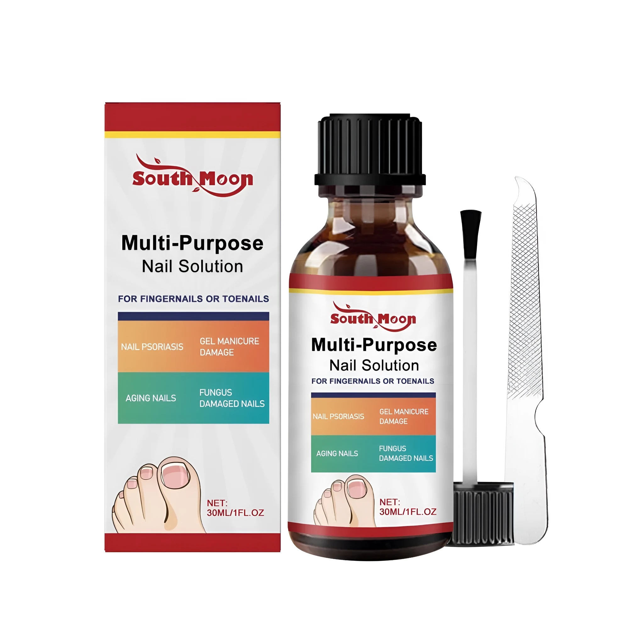 30ml bottle of nail care solution with tea tree oil and botanical extracts alongside included nail file