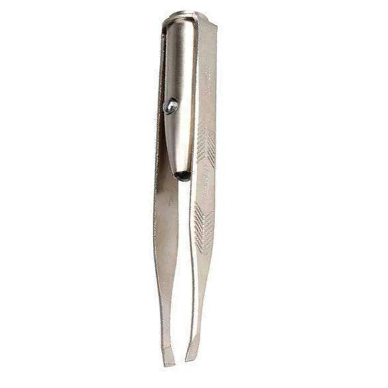 Stainless steel LED beauty tweezers with illuminated tip and push-button switch.