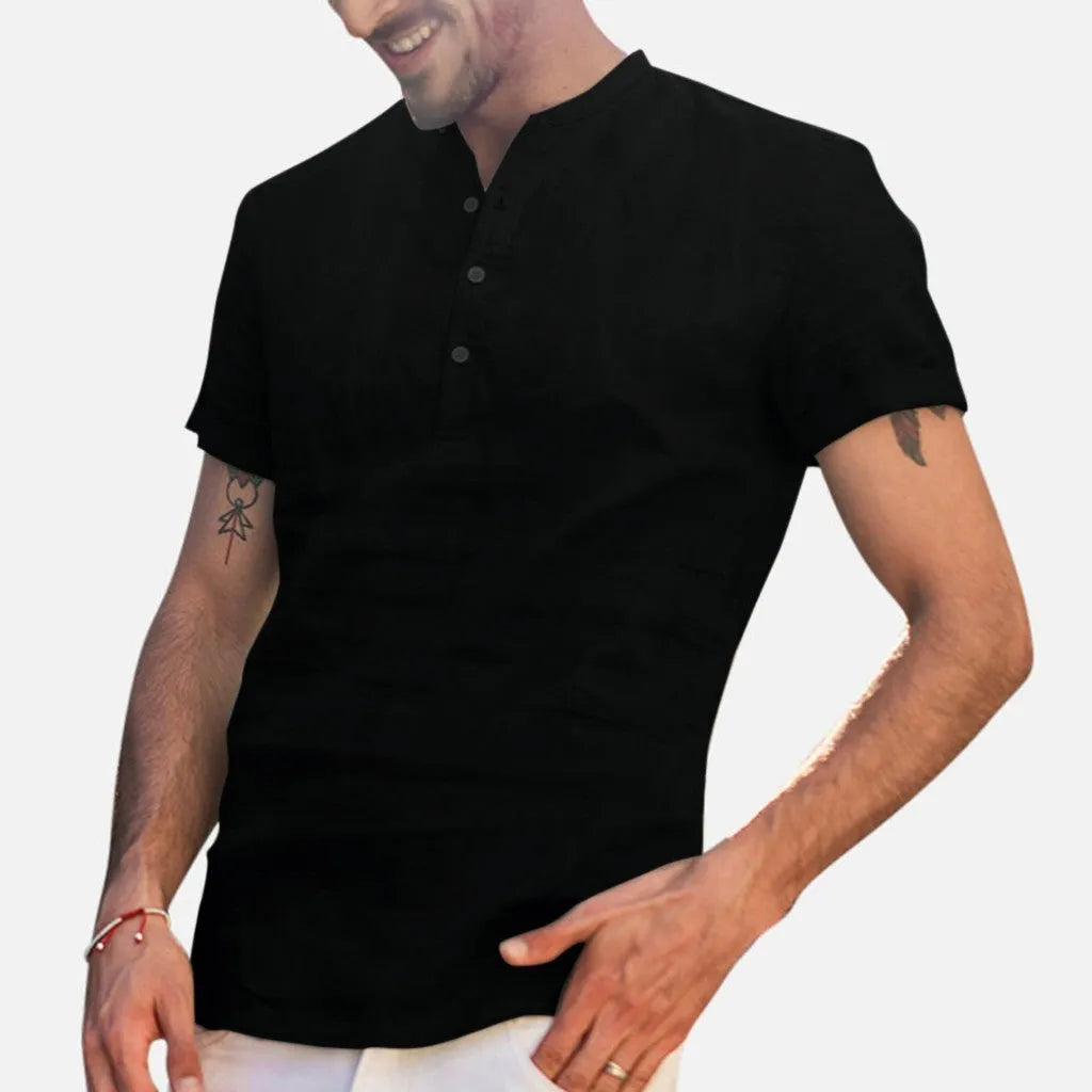Men's stand-up collar short-sleeved shirt in cotton and linen blend, shown in available colours and sizes M to 3XL.