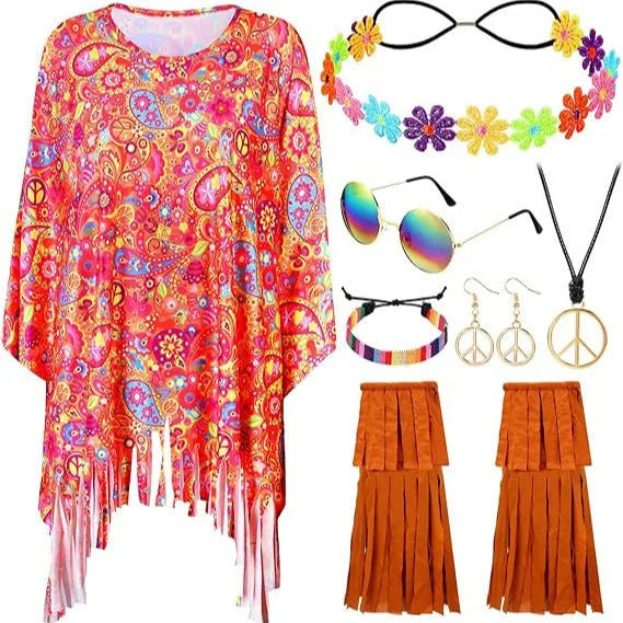 Adult model wearing a vibrant tie dye printed cloak costume with bell sleeves, showcasing the pink colour option.