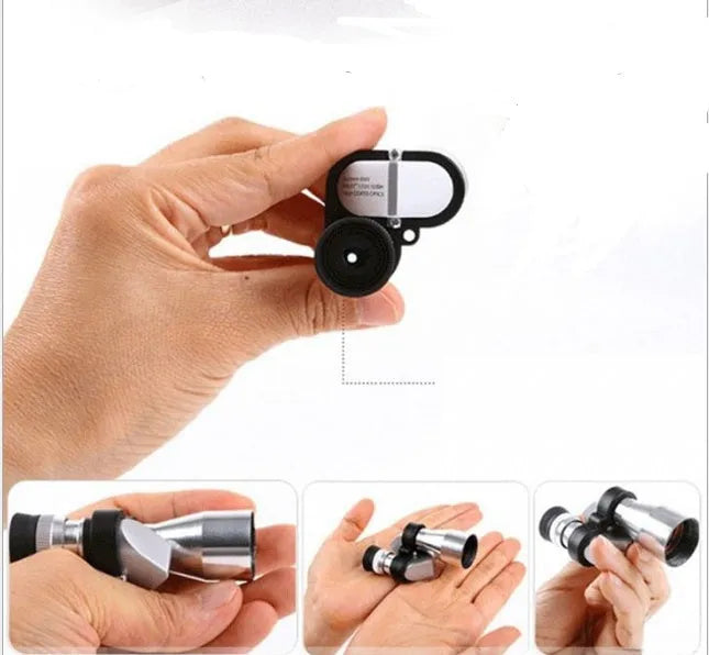 Compact aluminium alloy monocular telescope with 8x20mm lens, folding eye cup, and included cleaning cloth.