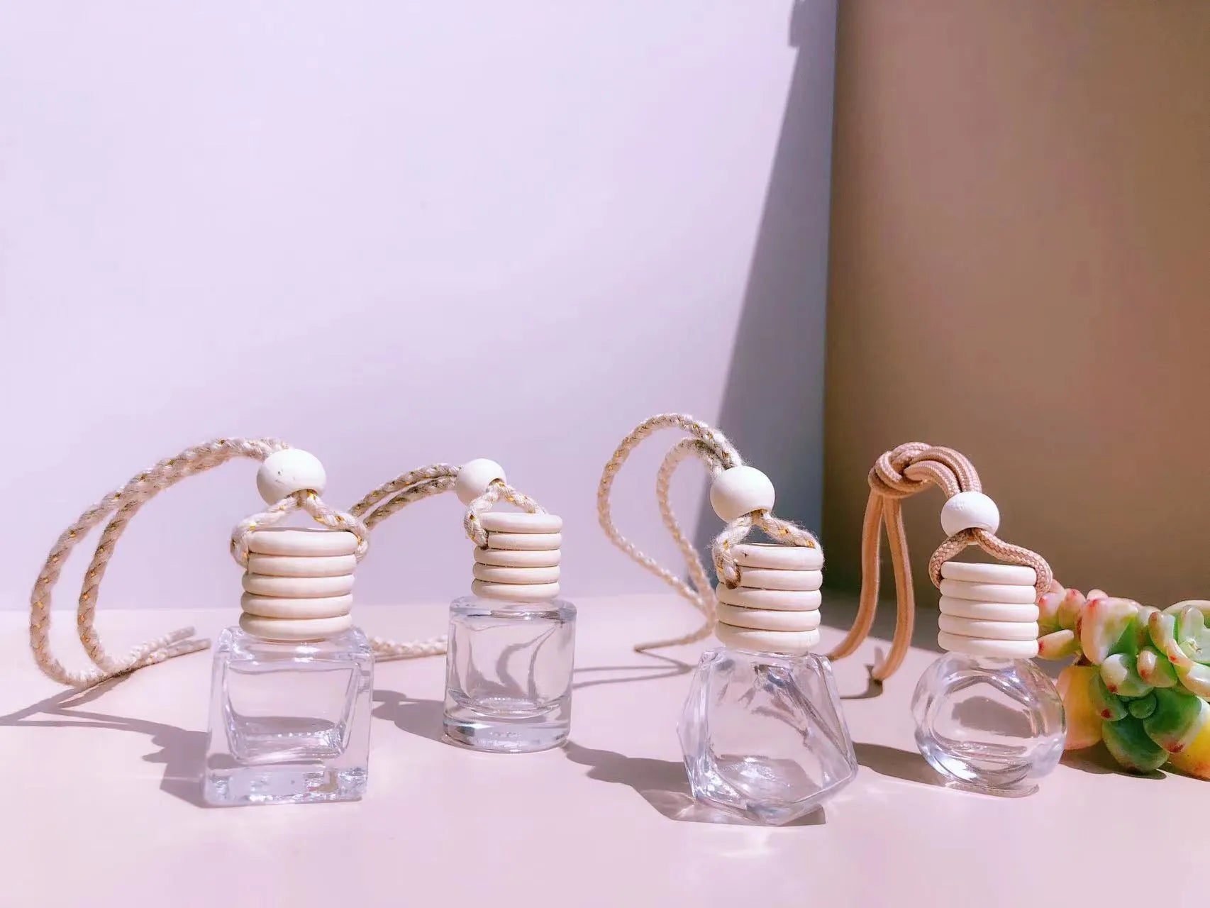 Car perfume pendant fragrance with glass bottle in cylinder, diamond, flat drum and square shape options