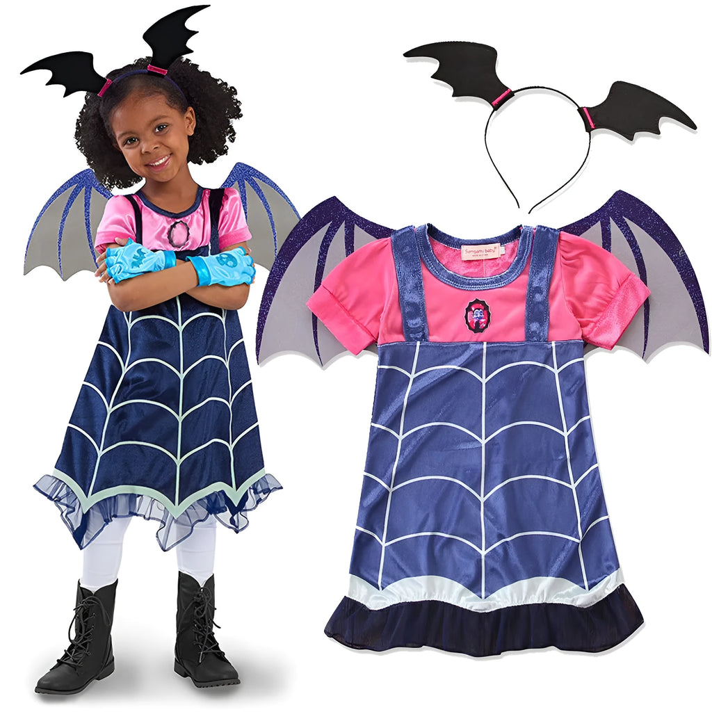 Blue cotton Halloween princess dress for toddlers with short sleeves, shown on child mannequin