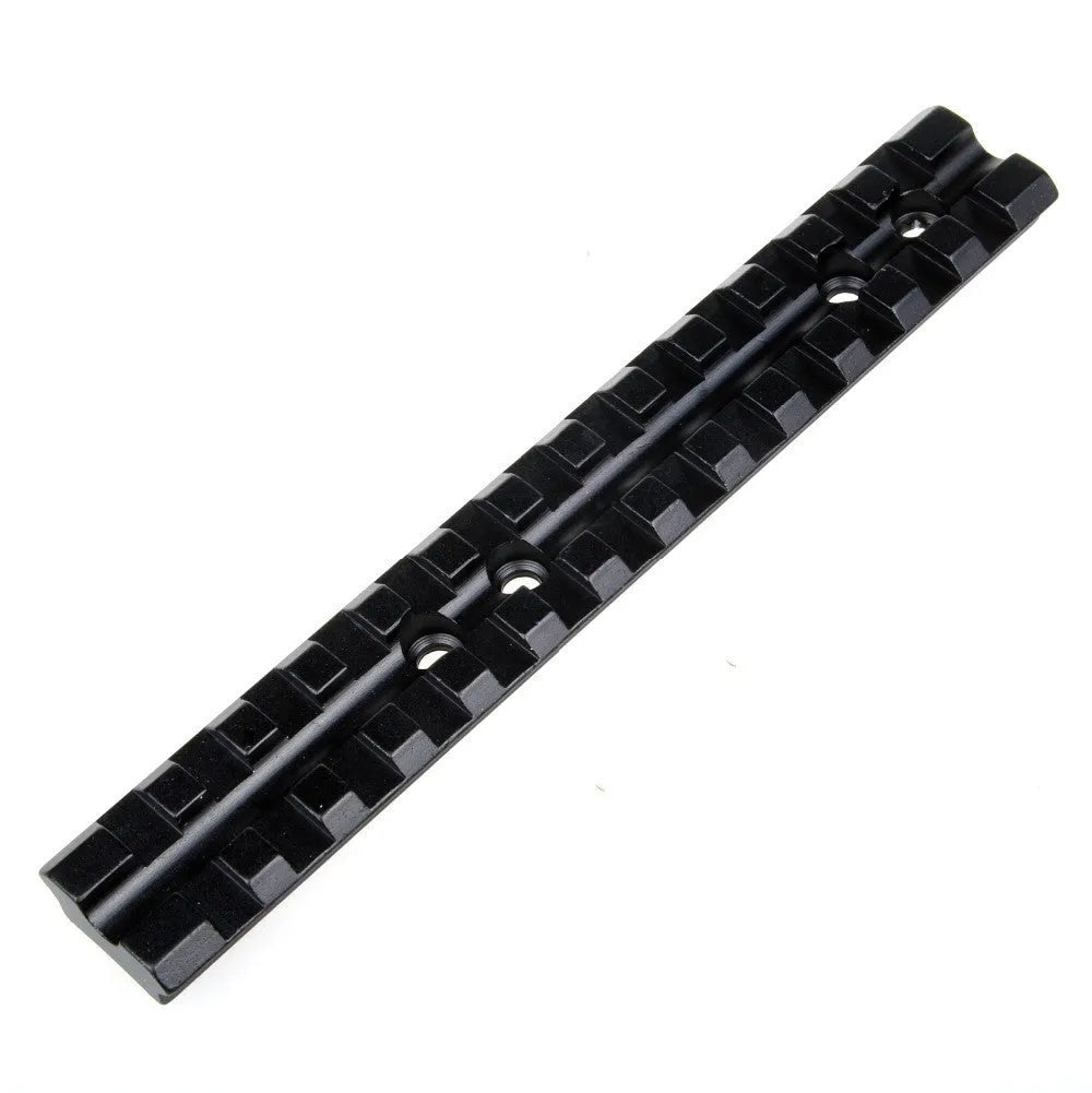 Black aluminium shotgun scope mount with 140mm rail showing 13 adjustment slots and included allen key