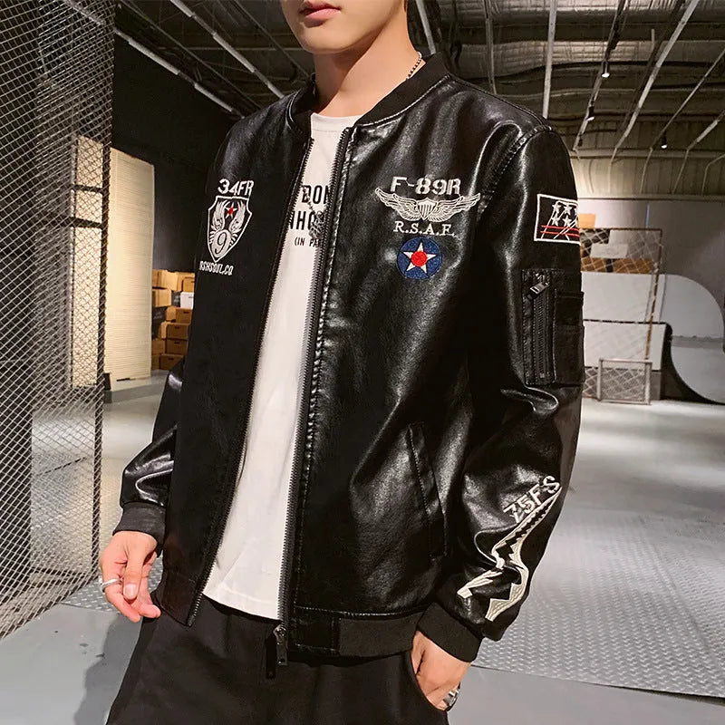Men's embroidered PU leather motorcycle jacket in black with standing collar and zipper front