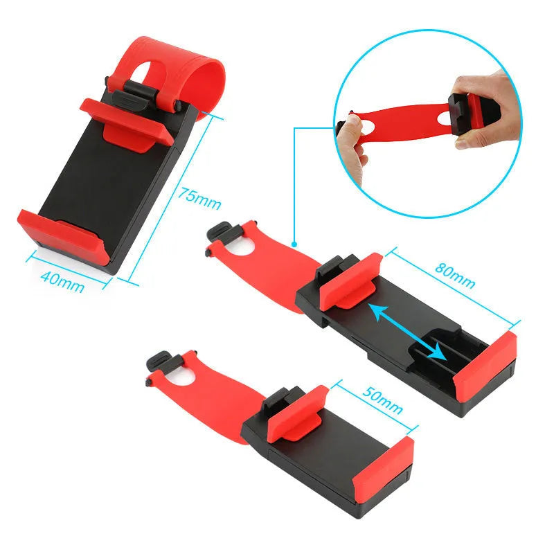 Black universal car steering wheel clip mount holder for mobile phones and GPS units.