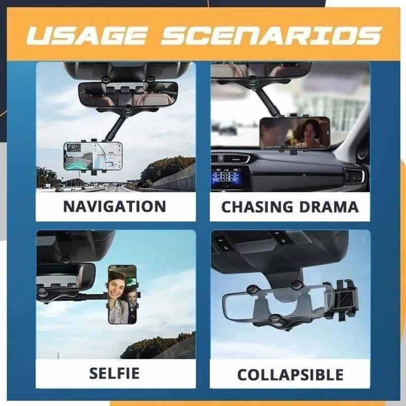 Black rearview mirror car phone holder showing 360-degree rotation and telescopic arm extended