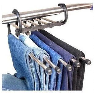 Black stainless steel magic wardrobe hanger with five booms for trousers.