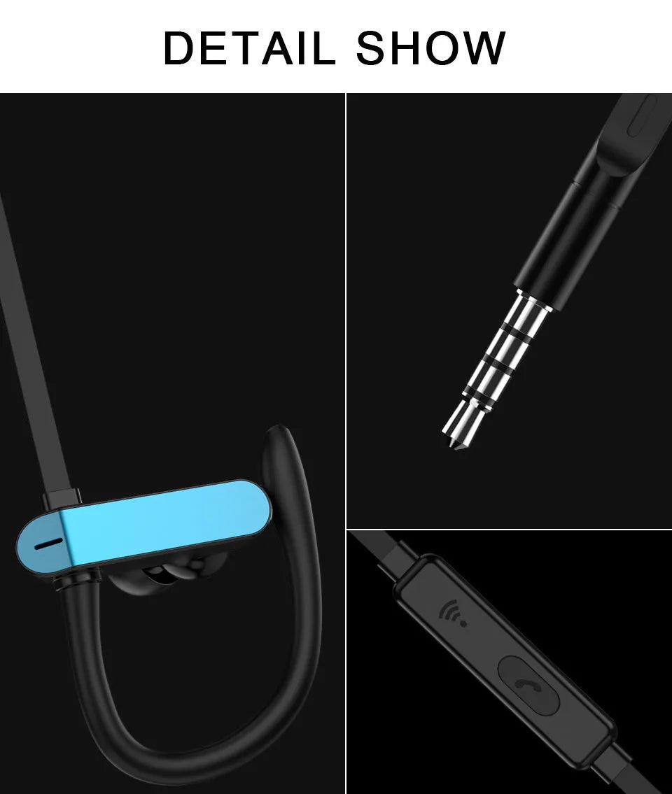 Close-up of sport earphones with flexible ear hooks and silicone earbuds in black and blue colour