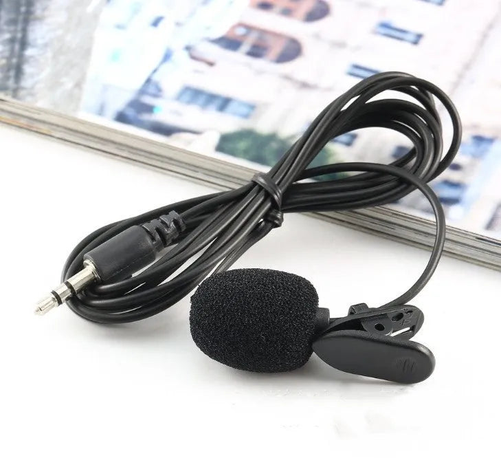Black condenser lavalier microphone with 2m lead wire and 3.5mm plug for voice recording