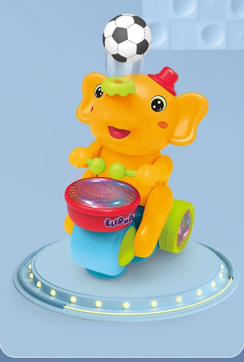 Elephant plastic toy car with music, lights, ball blowing, and obstacle avoidance in blue or yellow