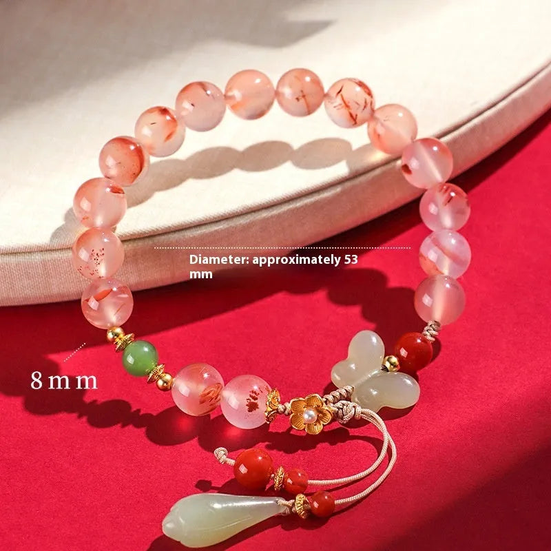 Handcrafted ice floating south red white agate fishtail bracelet for women with bead detail