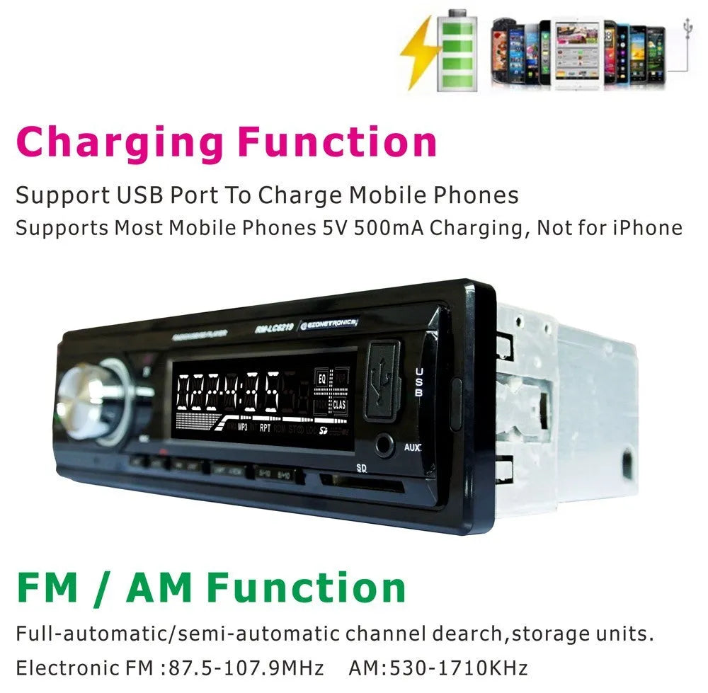 EZONETRONICS car stereo receiver with Bluetooth, USB and SD slots, front auxiliary input, and LCD display