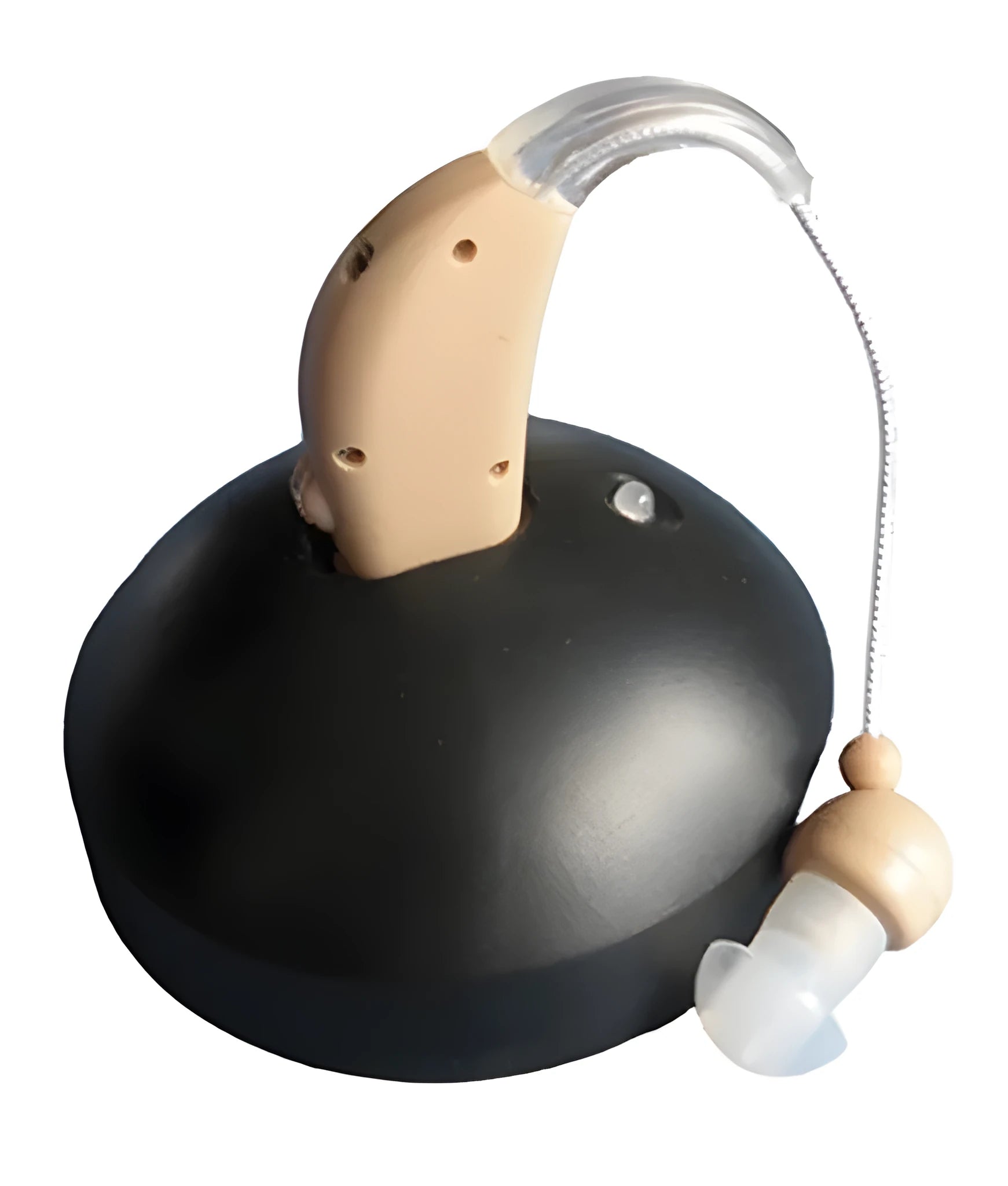 Rechargeable behind-the-ear digital hearing aid amplifier with mini design and plastic housing.