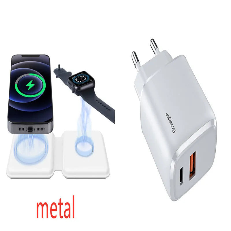 White foldable magnetic wireless charging dock showing two charging surfaces on a desk.