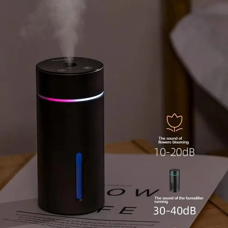Black aluminium alloy portable car air humidifier and essential oil diffuser with night light on