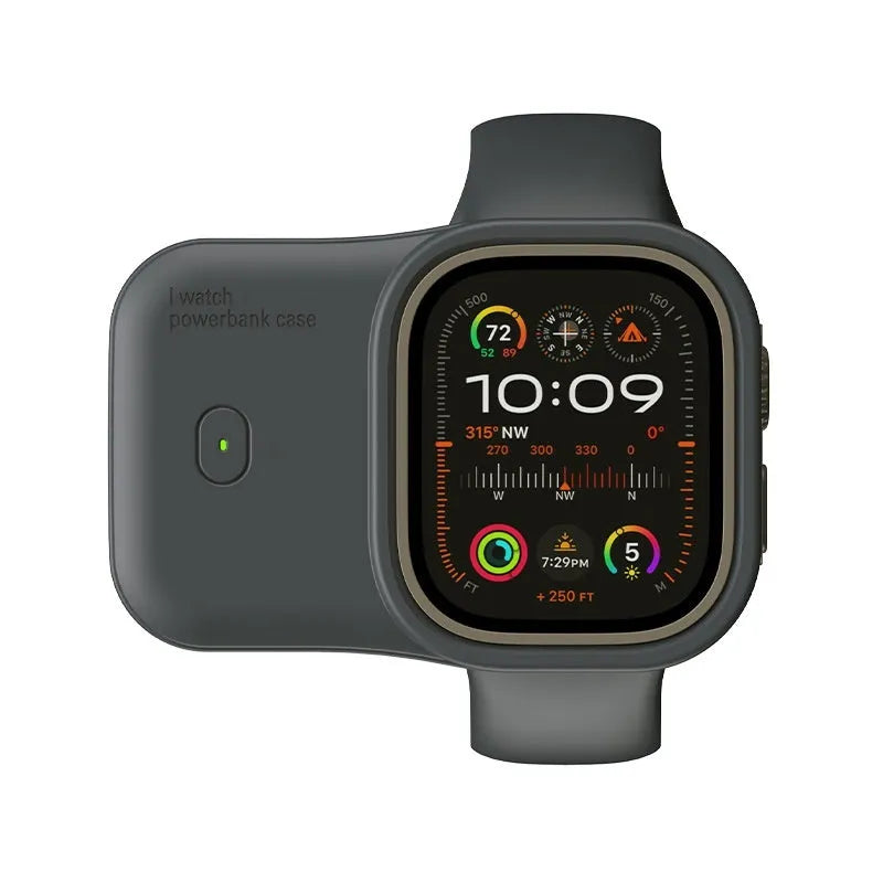 Apple Watch portable charging case with silicone protective case in Brown, Midnight Blue, and Starlight colours