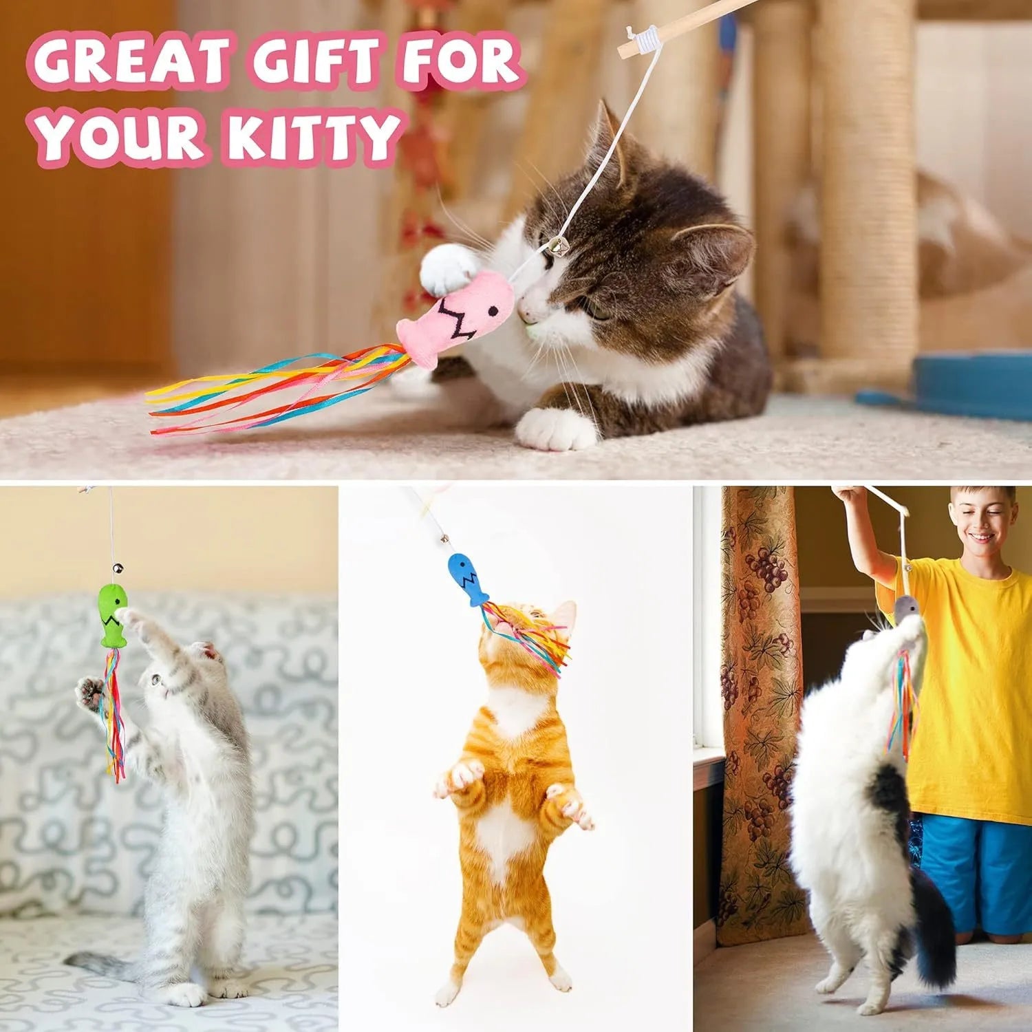 Blue handled cat teaser wand with colourful ribbons, a bell, and a catnip fish dangling from an elastic rope