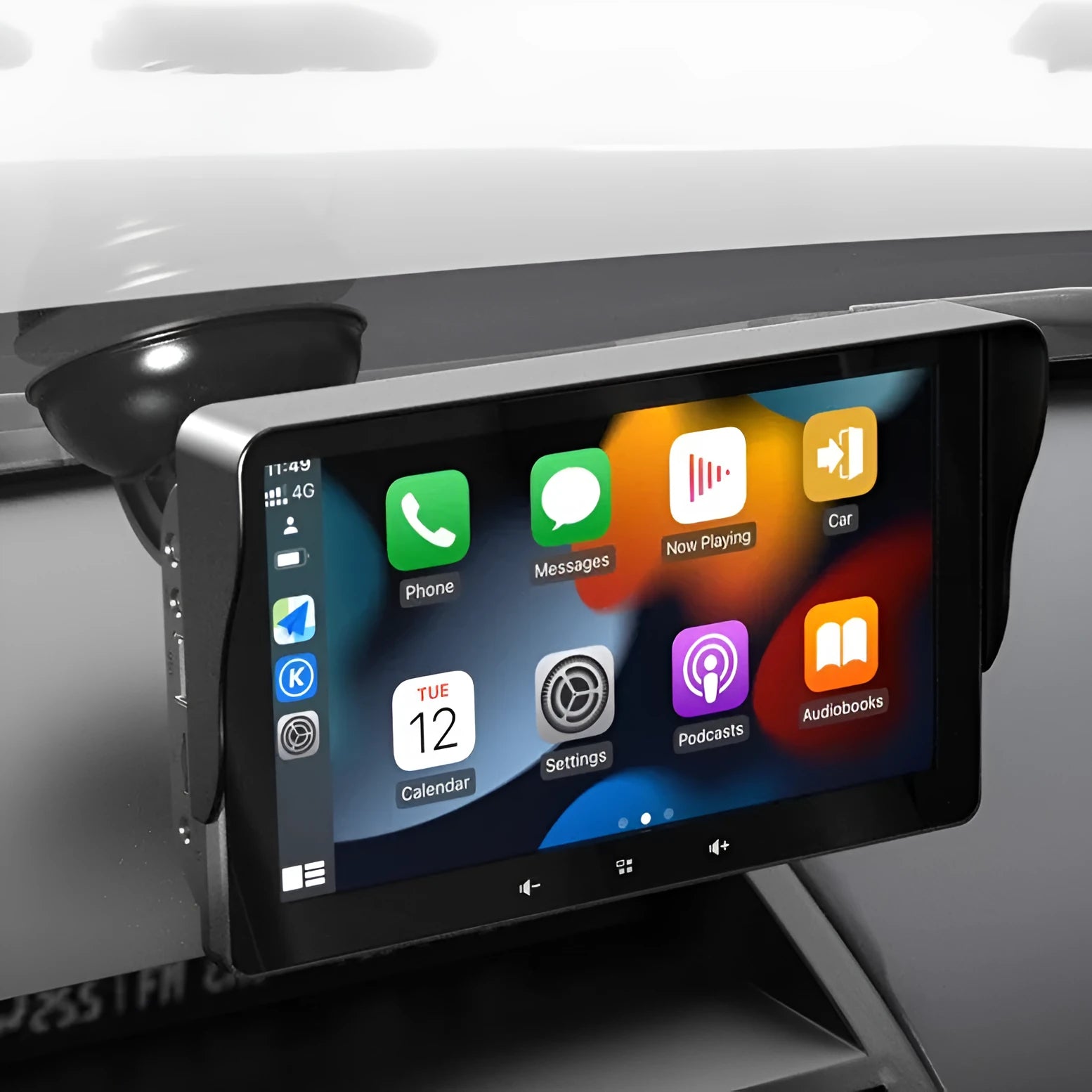 7-inch car wireless CarPlay display with suction cup mount and cigarette lighter power cable