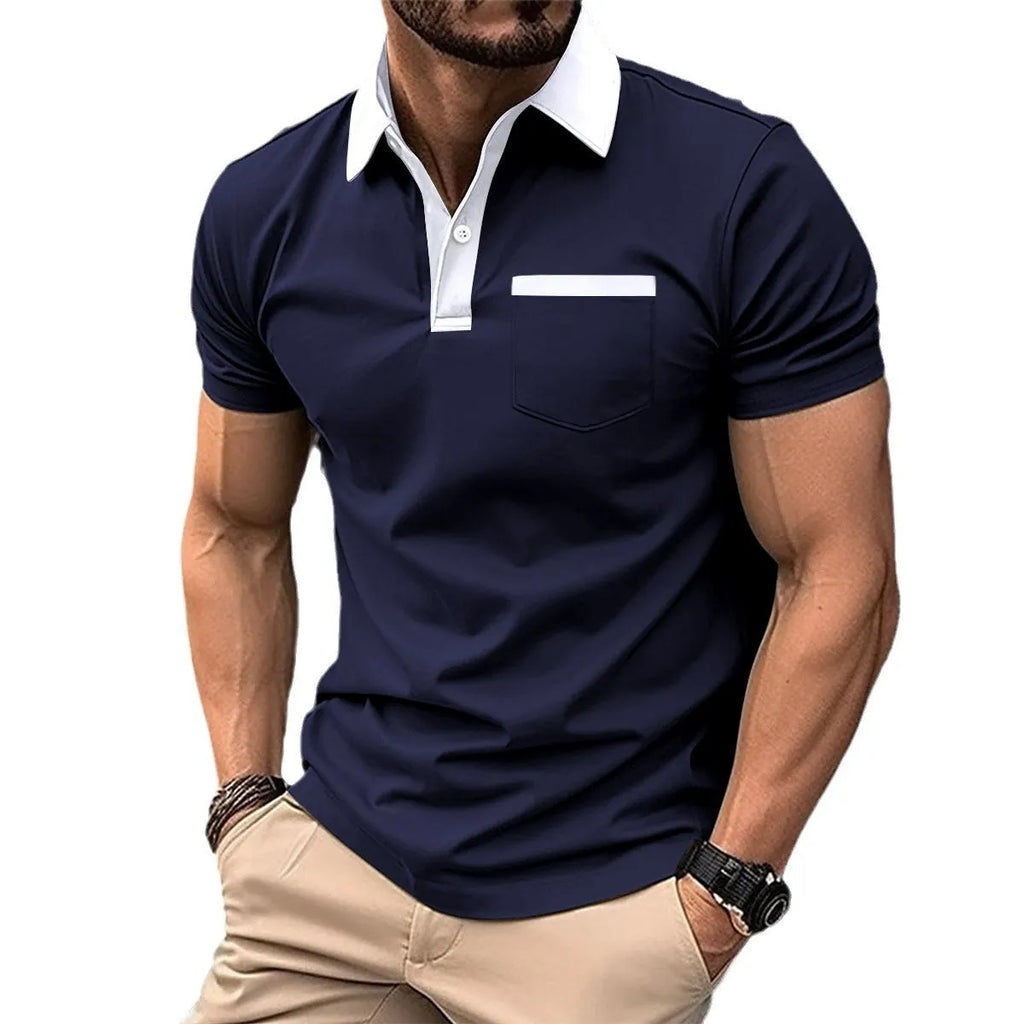 Men's lapel collar short sleeve polo shirt with chest pocket in yellow, black, white, gray, navy blue, sky blue, pink, light gray