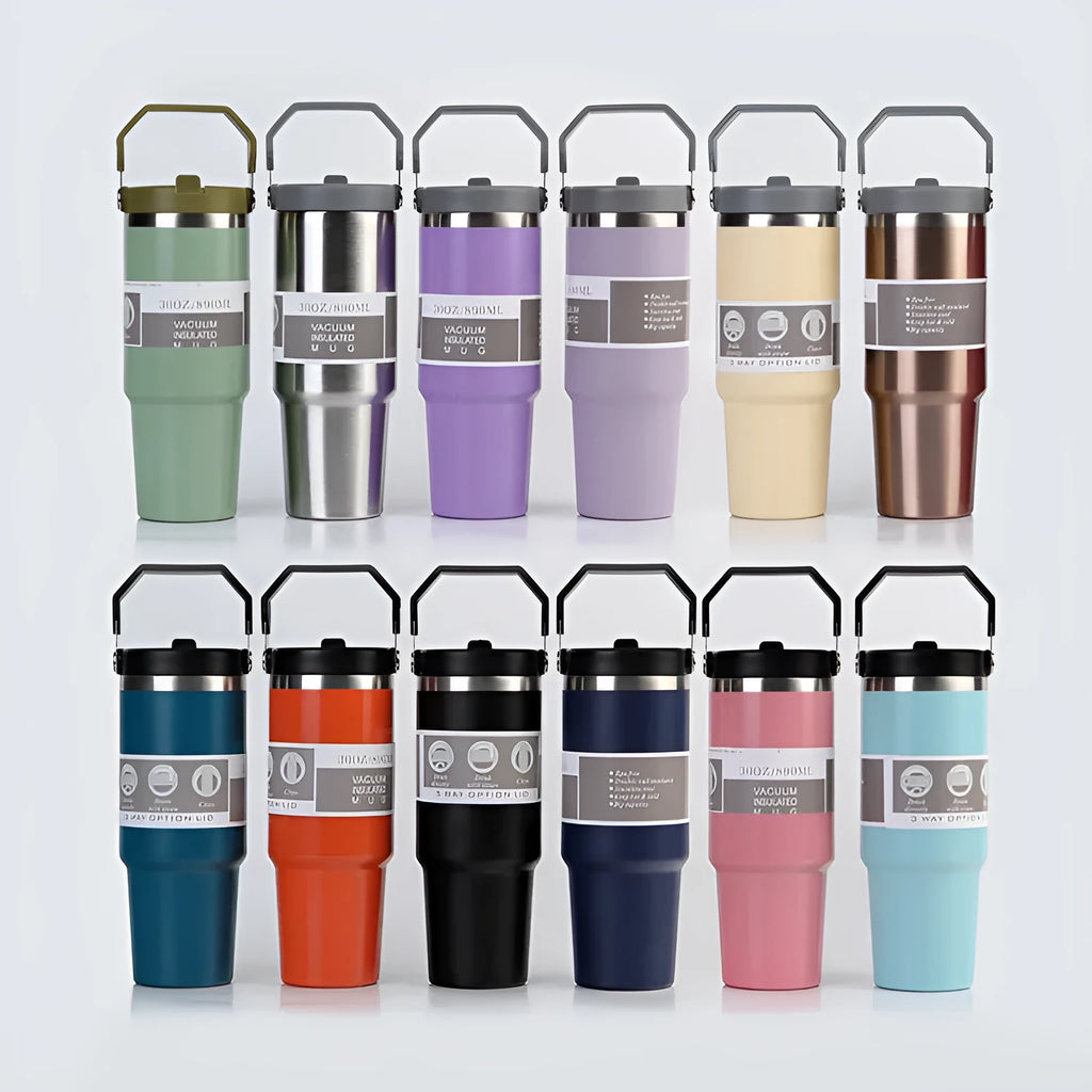30oz stainless steel insulated travel tumbler with handle cover in multiple colour options