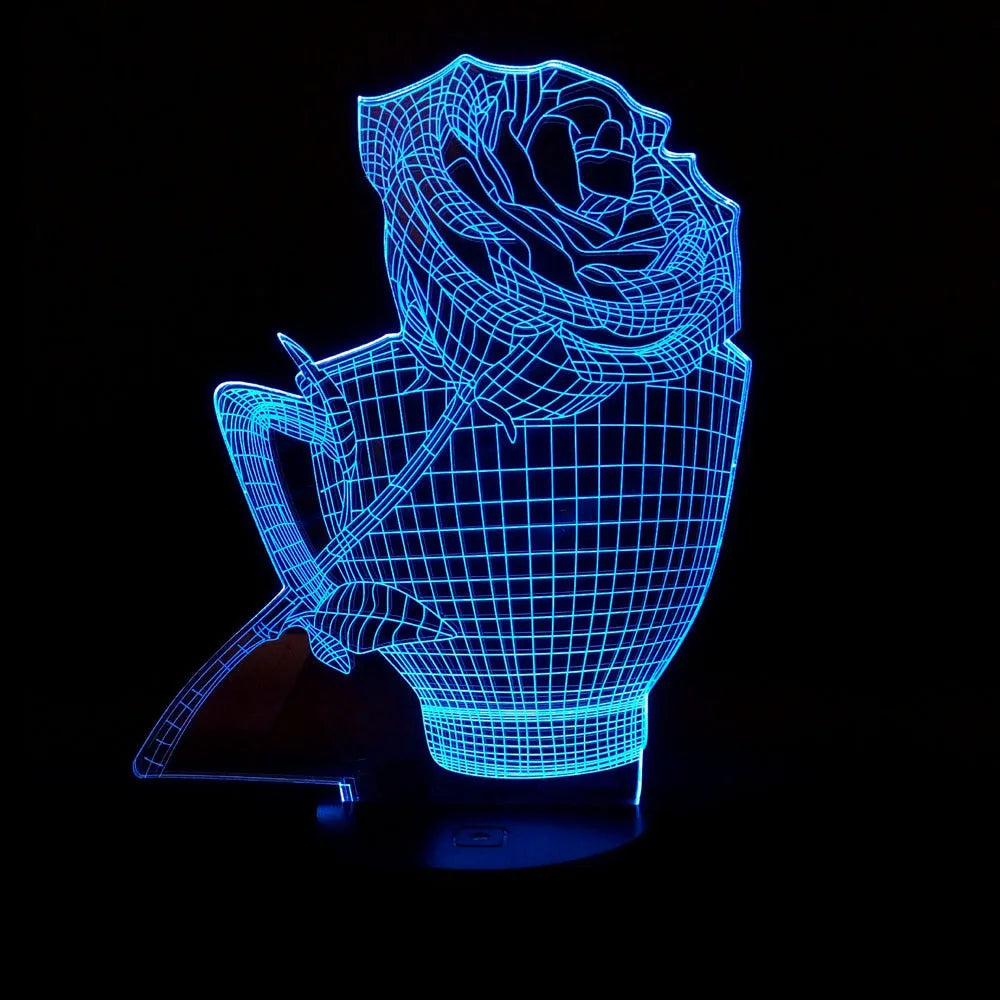 3D rose-shaped LED night light on a black base showing multiple colour options