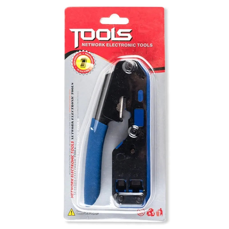 RJ45 network cable crimper with non-slip handle and cable stripper in black and blue, 136mm length