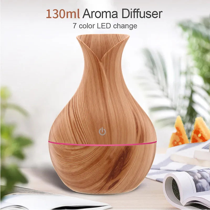 Vase humidifier 130ml 5V 3W in crackle mahogany or wood grain finish on a desk