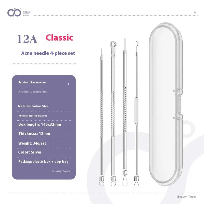 4-piece silver metal acne needle set with ultra-fine pointed tips for skin care