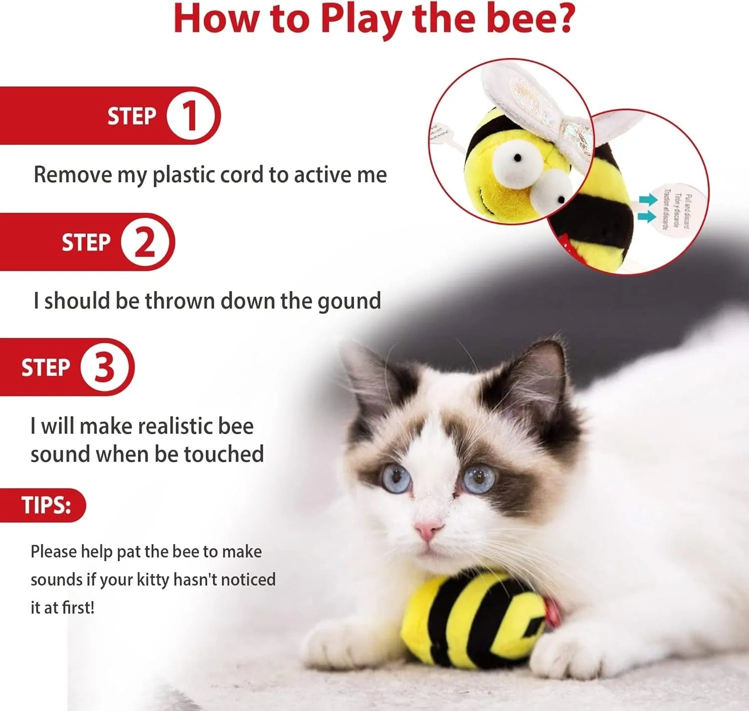 Yellow bee-shaped interactive cat toy with flannelette fabric and electronic sound components