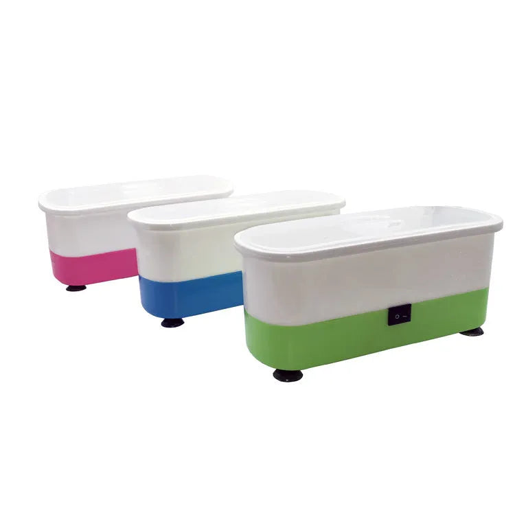 Analog ultrasonic cleaner in blue plastic casing with battery compartment and suction cups for cleaning glasses and contact lenses