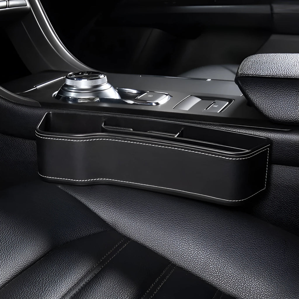 Black leather car seat gap storage box with cup holder and USB cable for driver side
