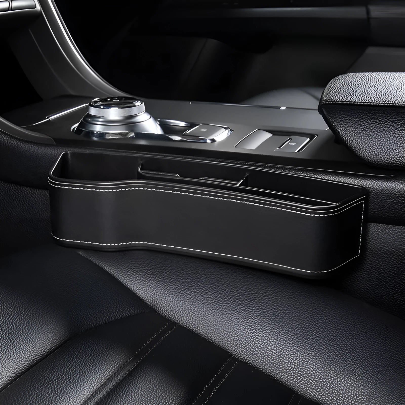 Black leather car seat gap storage box with cup holder and USB cable for driver side