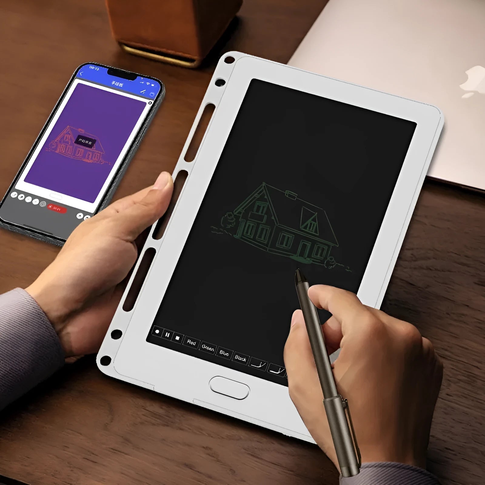 85-inch electronic writing pad with stitching appearance in choice of colours, shown with smart pen