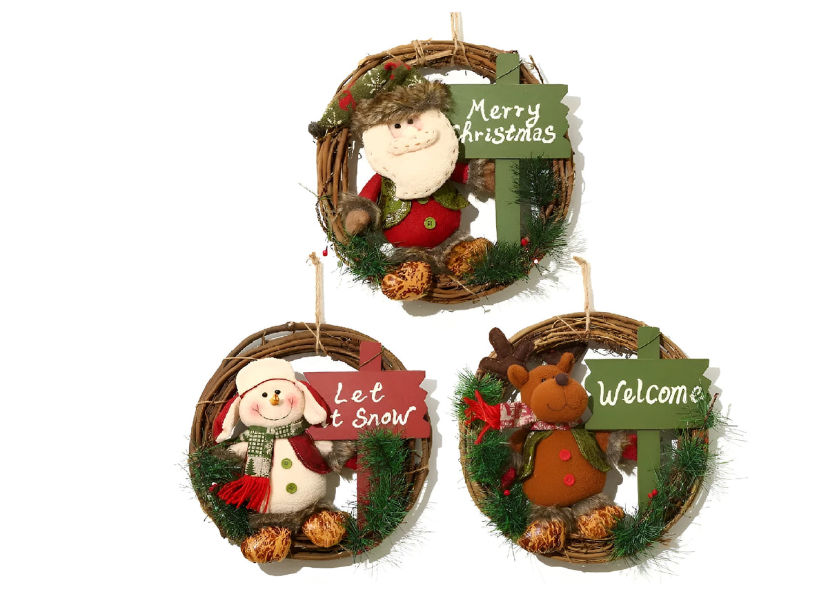 Christmas wreath 35 cm with fabric and rattan base, plush doll and burlap hanging rope